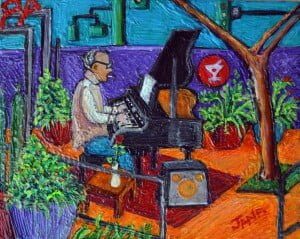 Painting by Jana Lynch of Wyley on the Downtown Crown Patio