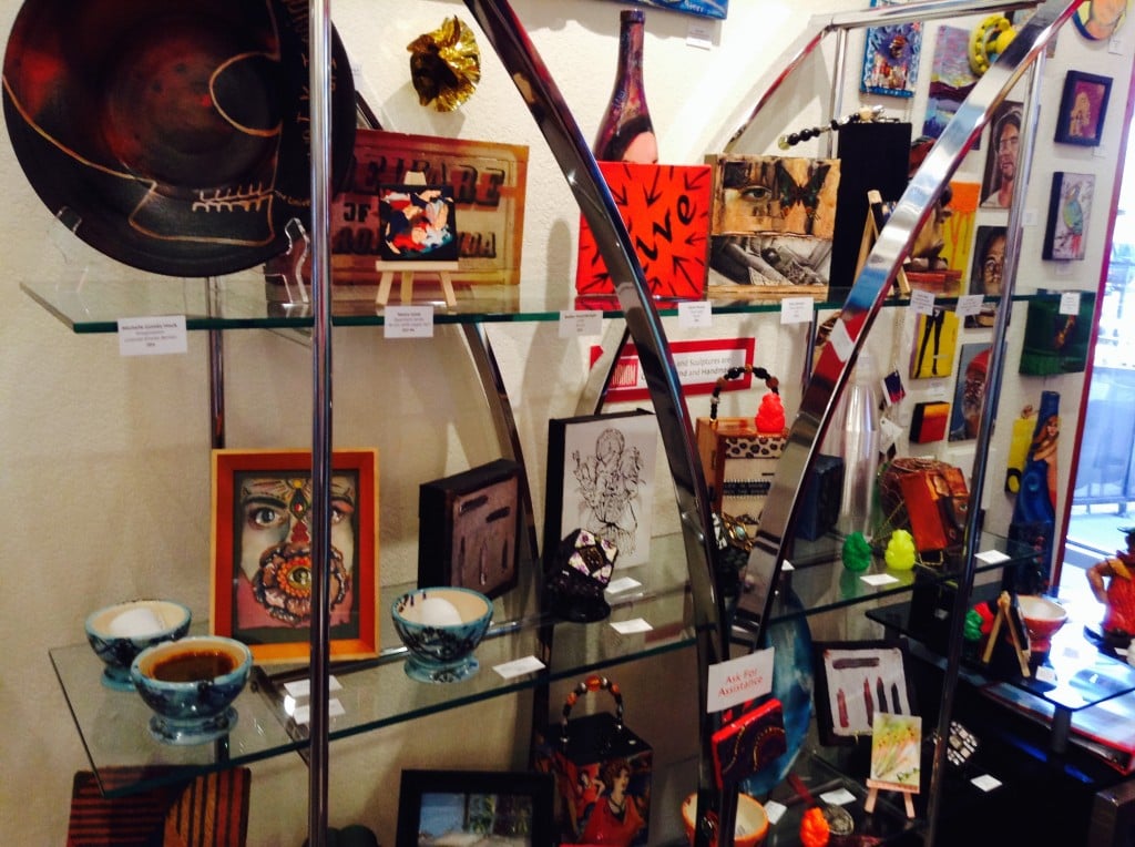 Glass Shelf full of art perfect for Gift Giving at  Jana's RedRoom